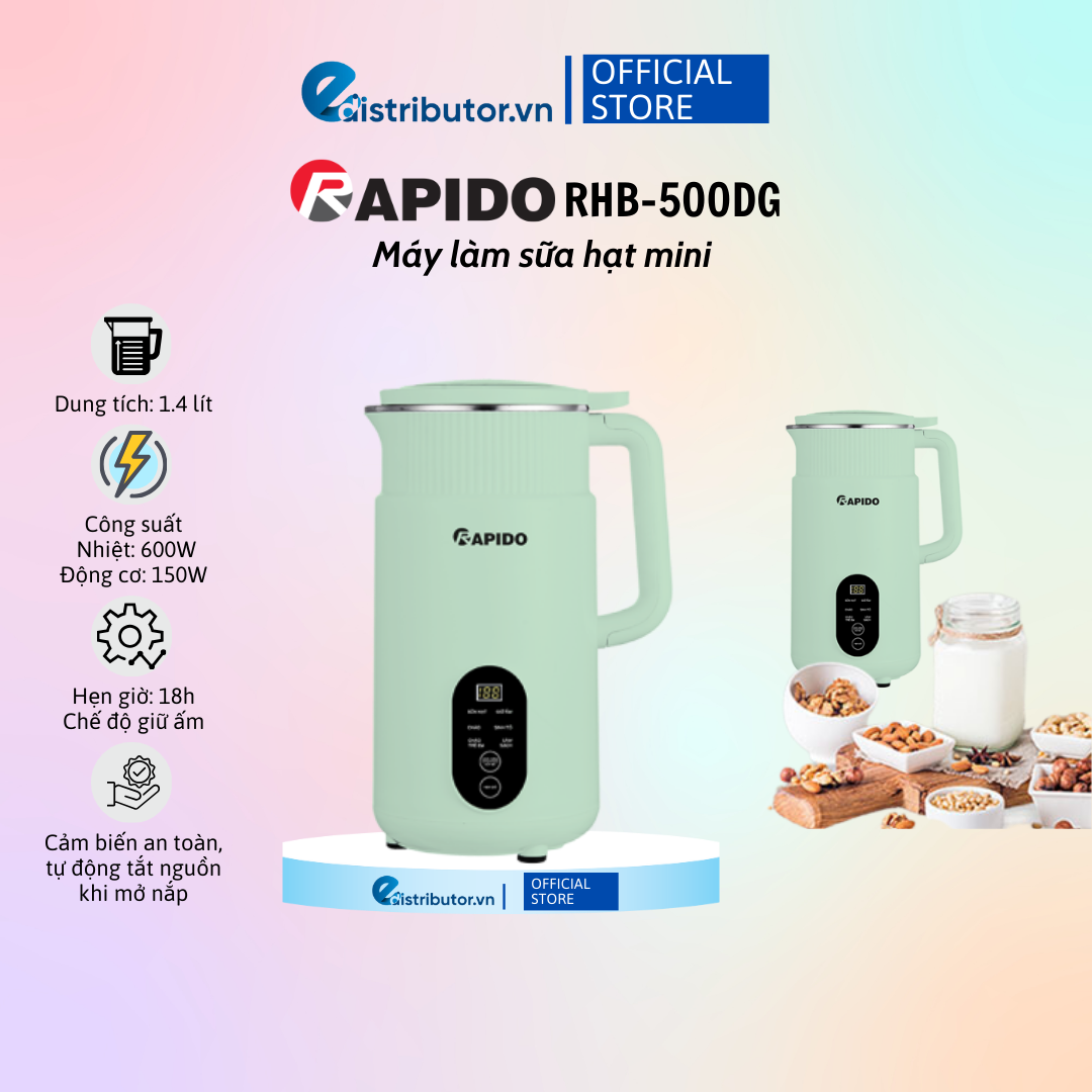 Máy làm sữa hạt mini rapido rhb-500dg - hàng chính hãng - bảo hành 12 tháng