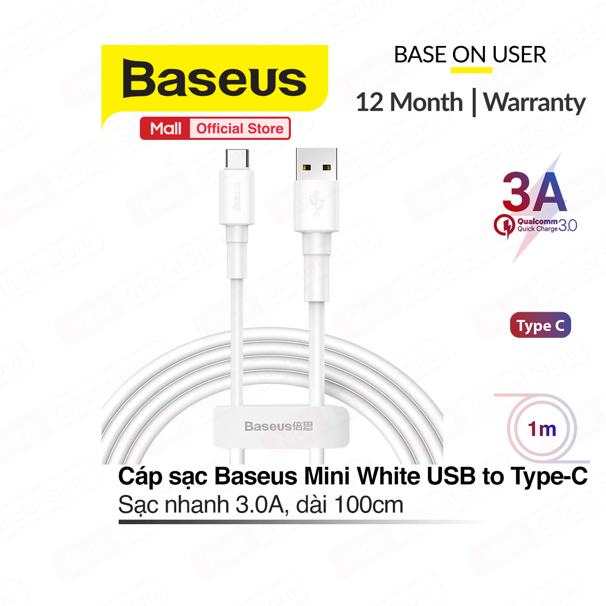Cáp sạc nhanh và truyền dữ liệu Baseus Mini White Cable USB For Lightning (2.4A)/Micro USB (2.4A)/Type C (3A), chiều dài 1m, truyền dữ liệu tốc độ cao 480Mbps