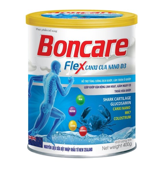 Sữa Bột Boncare Flex Canxi Cua Nano D3  với thành phần sụn vi cá mập, glucosamine, canxi nano MK7 Hỗ trợ tăng cường dịch khớp, làm trơn ổ khớp, giảm đau nhức xương khớp, giúp khớp vận động linh hoạt- hộp 400g giá rẻ