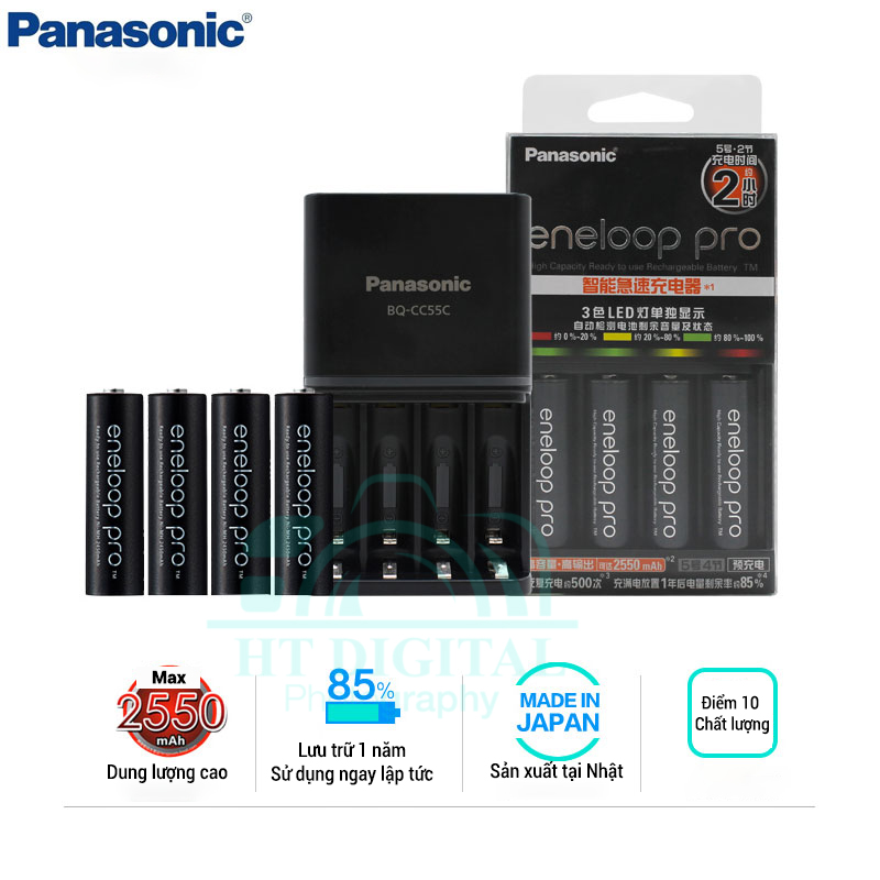 Pin Sạc Eneloop Pro 2550mAh, Bộ Sạc Pin AA AAA Panasonic 1.2V KJ55HCC40C + 4 Pin BK-3HCCA Sạc nhanh, tự ngắt cho pin micro karaoke, đồ chơi trẻ em, đồng hồ treo tường, radio, remote
