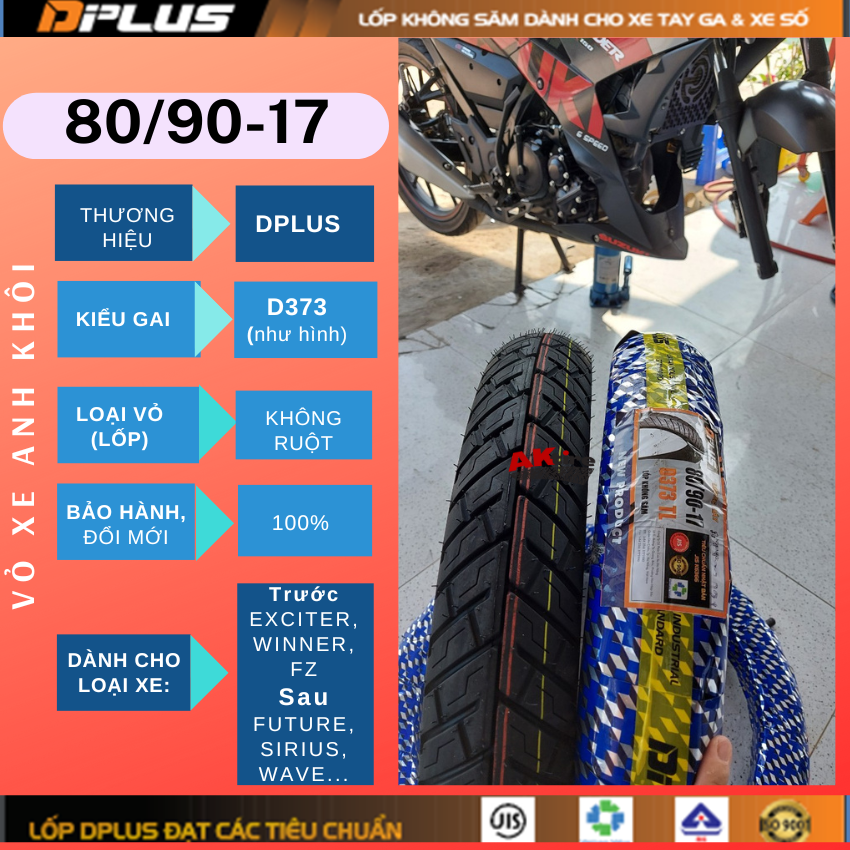 Lốp(vỏ) DPLUS 80/90-17/D373 KHÔNG SĂM(RUỘT) Dành cho Sau FutureNeo, Wave RS...