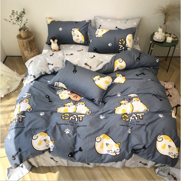 Set 5 Món Chăn Phao Ga Gối Kèm Vỏ Gối Ôm Mẫu MÈO CÁT XANH