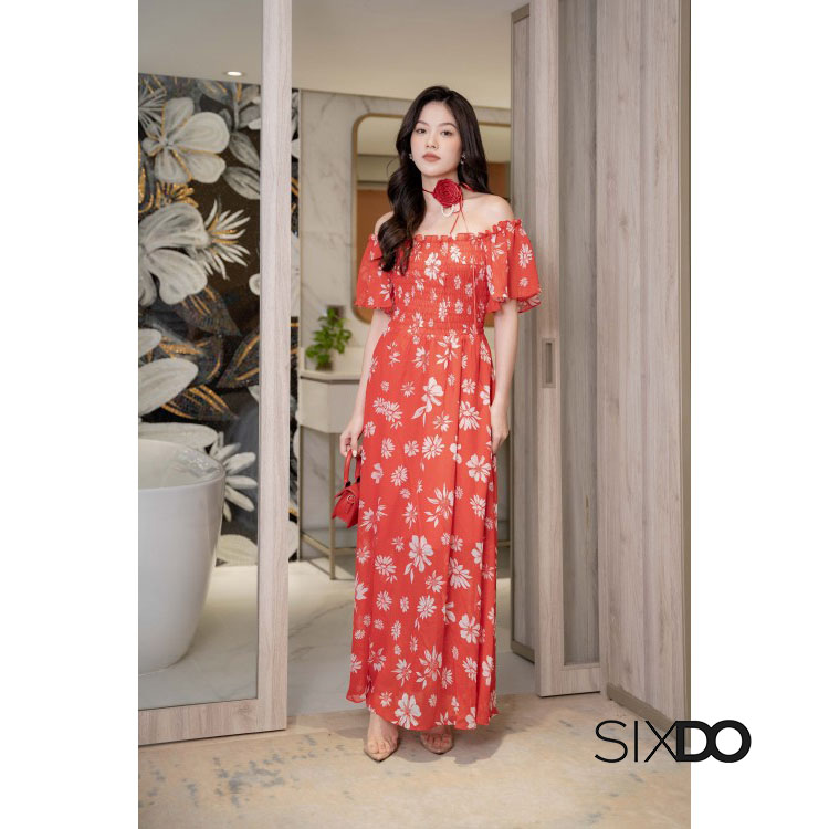 Đầm hoa maxi trễ vai bo chun SIXDO (Floral Maxi Dress)