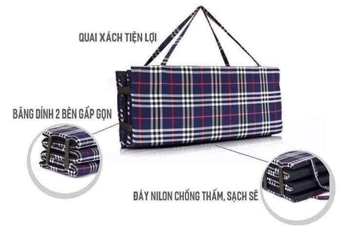 Đệm gấp gọn văn phòng cho nam và nữ có quai xách tiện lợi di chuyển mọi nơi - Nệm ngủ văn phòng cho cá nhân họa tiết kẻ, dày 3cm chiều dài 180cm, chiều rộng 60cm