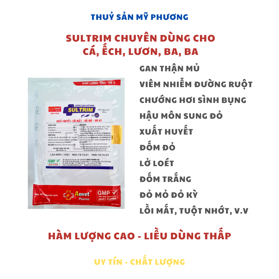 Thuoc tri bệnh gan thận mủ cho ếch lươn ba ba - sultrim-24kl - kháng sinh - sưng trướng bụng tri bênh đốm đỏ, xuất huyết lồi mắt nhiễm khuẩn đốm trắng tuột nhớt otaxa- nuôi tôm cá ếch lươn baba - thuốc thuỷ sản mỹ phương