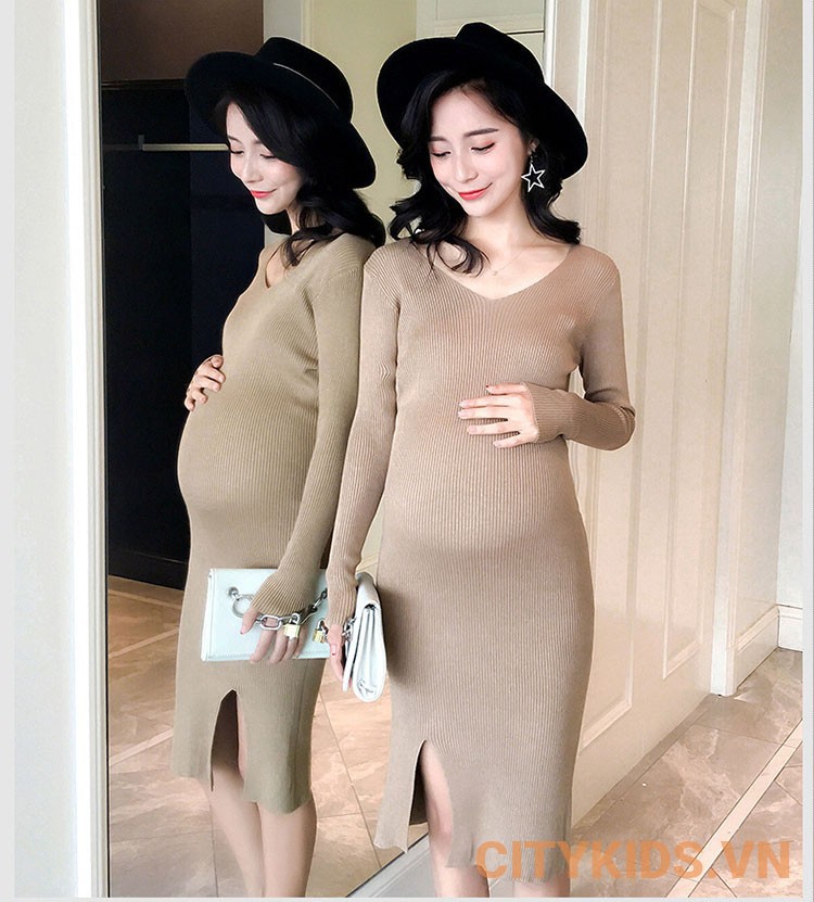 Đầm Bầu Thu Đông - Váy Len Ôm Cổ Tim (Đen)