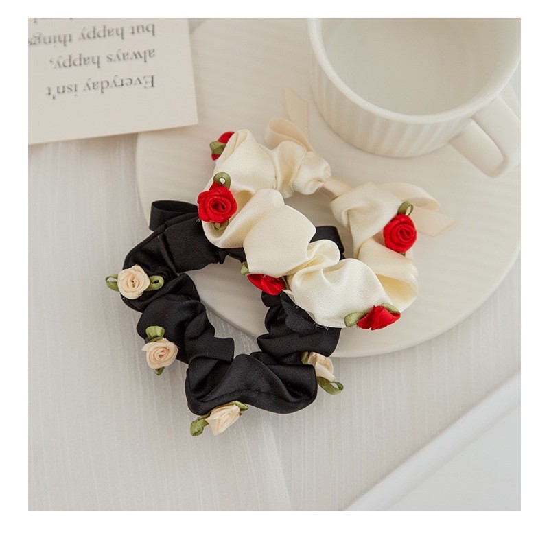 Scrunchies cột tóc lụa đính nơ và hoa hồng