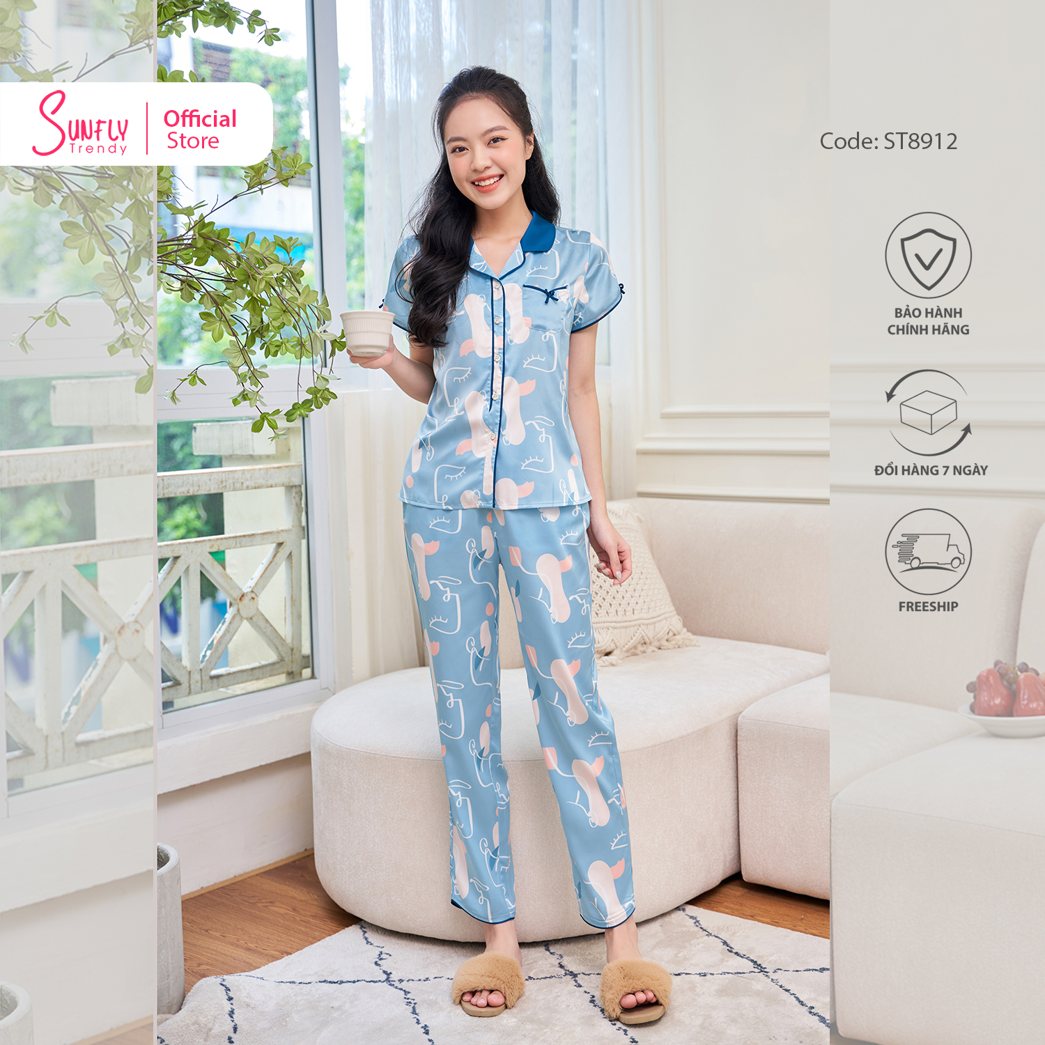 [VOUCHER ĐỘC QUYỀN 15.1 - GIẢM 15% TỐI ĐA 100K]Bộ Đồ Mặc Nhà Nữ Pyjamas Lụa SUNFLY Áo Cộc Quần Dài ST8912