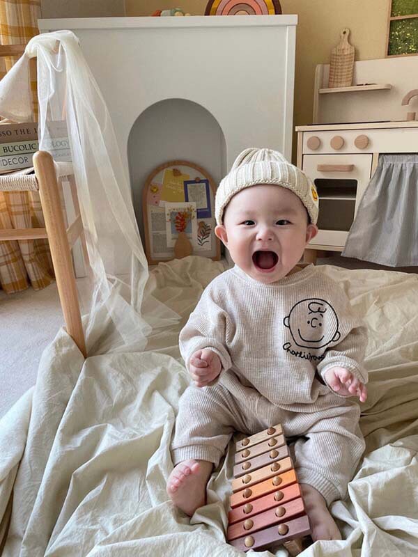 Bộ quần áo thu đông cho bé trai Set quần áo dài len tăm họa tiết hoạt hình