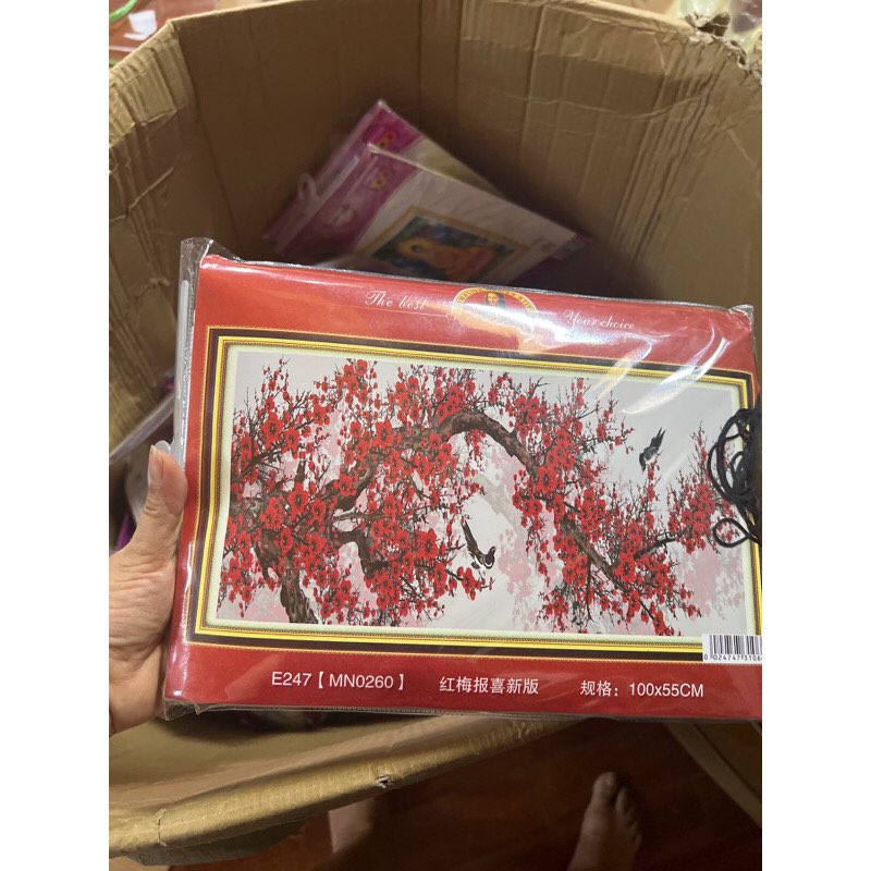 [Tặng kéo] Tranh thêu Cành Đào Xuân Như Ý - 200x90cm, 150x70cm, 100x55cm- tranh chưa thêu