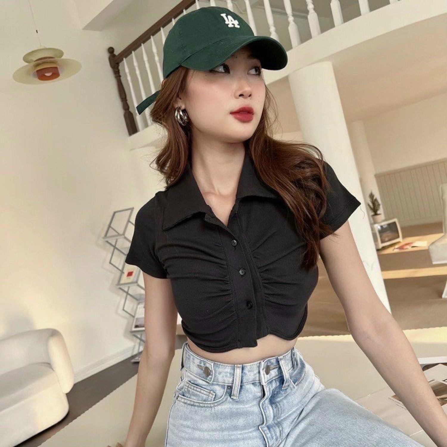 Áo croptop nữ polo cổ bẻ nhún ngực có nút gài kiểu ôm body 3 màu