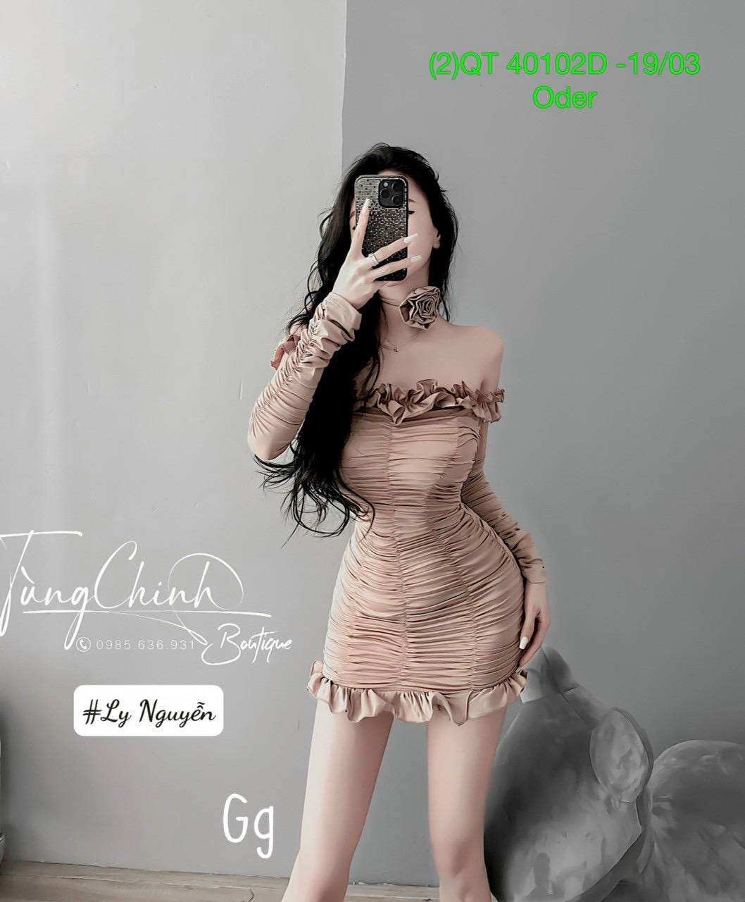 Đầm trễ vai viền bèo kèm dây hoa cột cổ ôm body nhúm nhúm cực sexy chất thun gân mềm mát