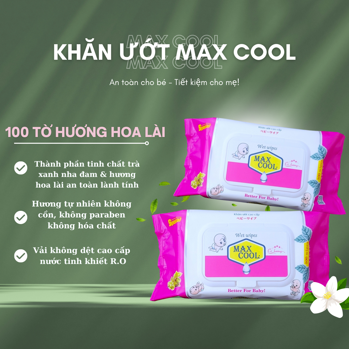 Thùng 10 gói khăn ướt cao cấp Max Cool 100 tờ, hương hoa lài