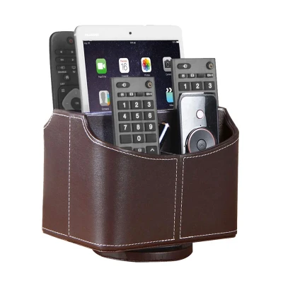 Remote Control Holder, 360 Degrees Rotatable Desktop Supply Organizer PU Leather Desk Storage Box Brown