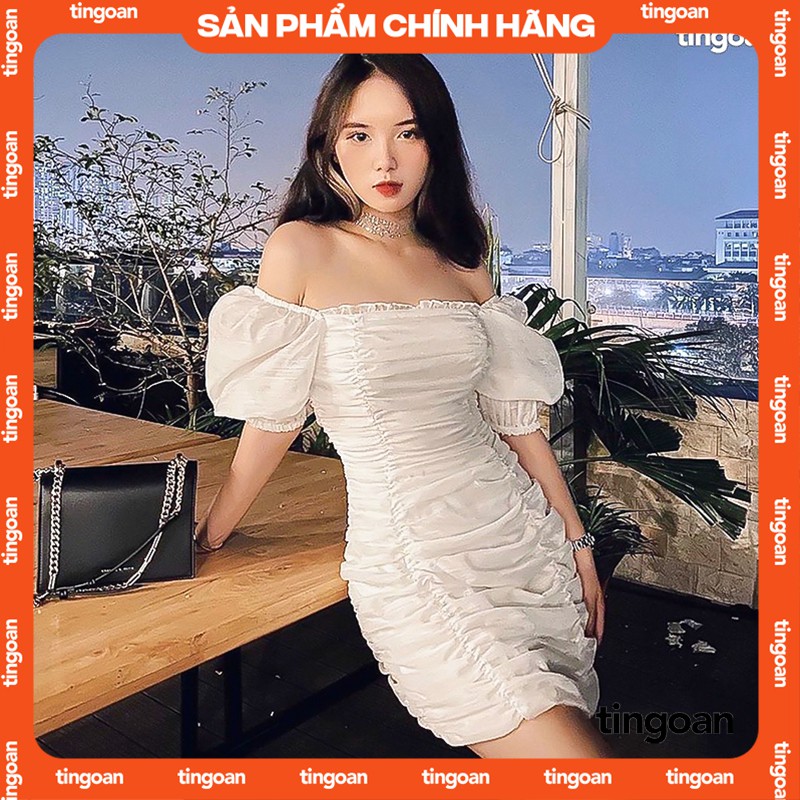 TINGOAN® - Váy cổ vuông vai phồng nhún toàn thân ôm eo trắng ARIANA DRESS/WH