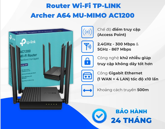 Bộ phát Wifi TP-Link Archer A64 AC1200 - LAN WAN Gigabit