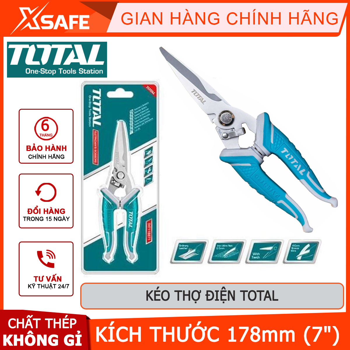 Kéo thợ điện TOTAL THT117871 | kéo mini cho thợ điện kích thước 178mm chất liệu thép không gỉ lưỡi kéo có răng cắt, kẹp, tuốt các loại dây cáp, dây điện, dây kim loại