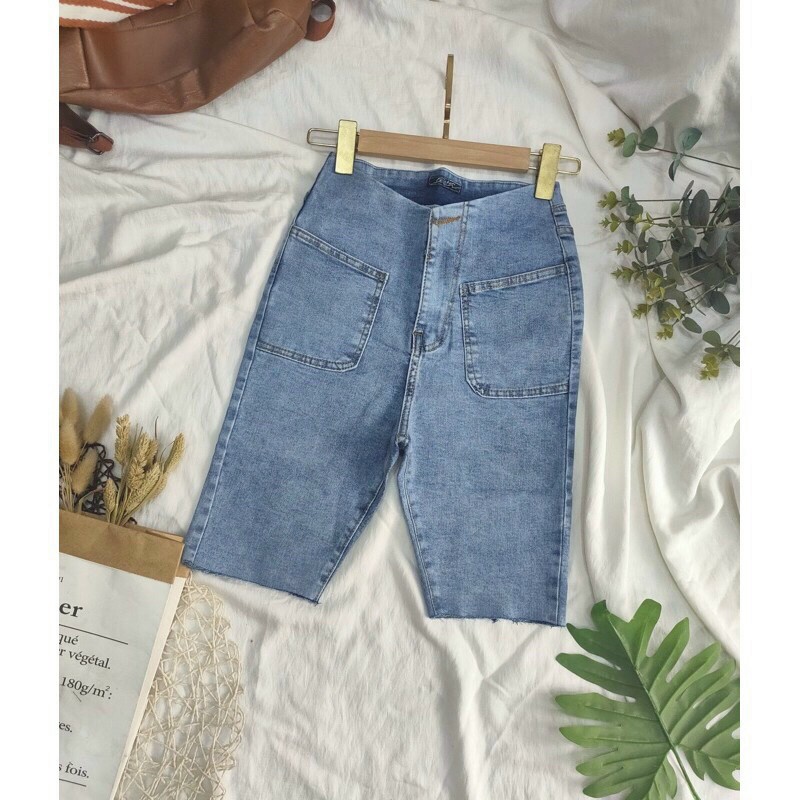 ( video) Quần Short Jean / Quần jean ngố lưng cao  co giãn hai túi , cạp cao lên from ôm dáng