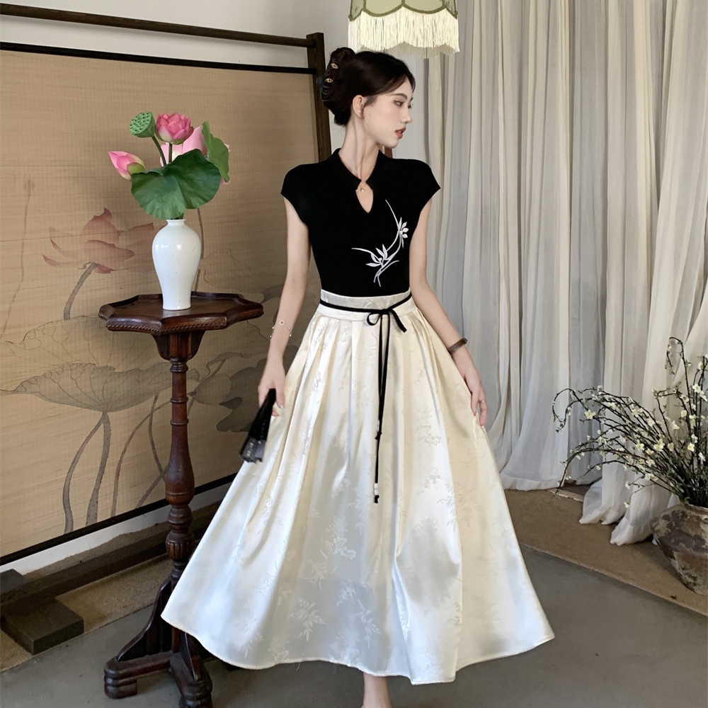 Summer Zen-Style Chinese Horse-Face Skirt Women's Suit Summer Improved Horse-Face Embroidery T-Shirt Skirt Two-Piece Set