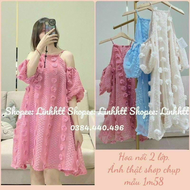 đầm cổ yếm bông rơi cực xinh
