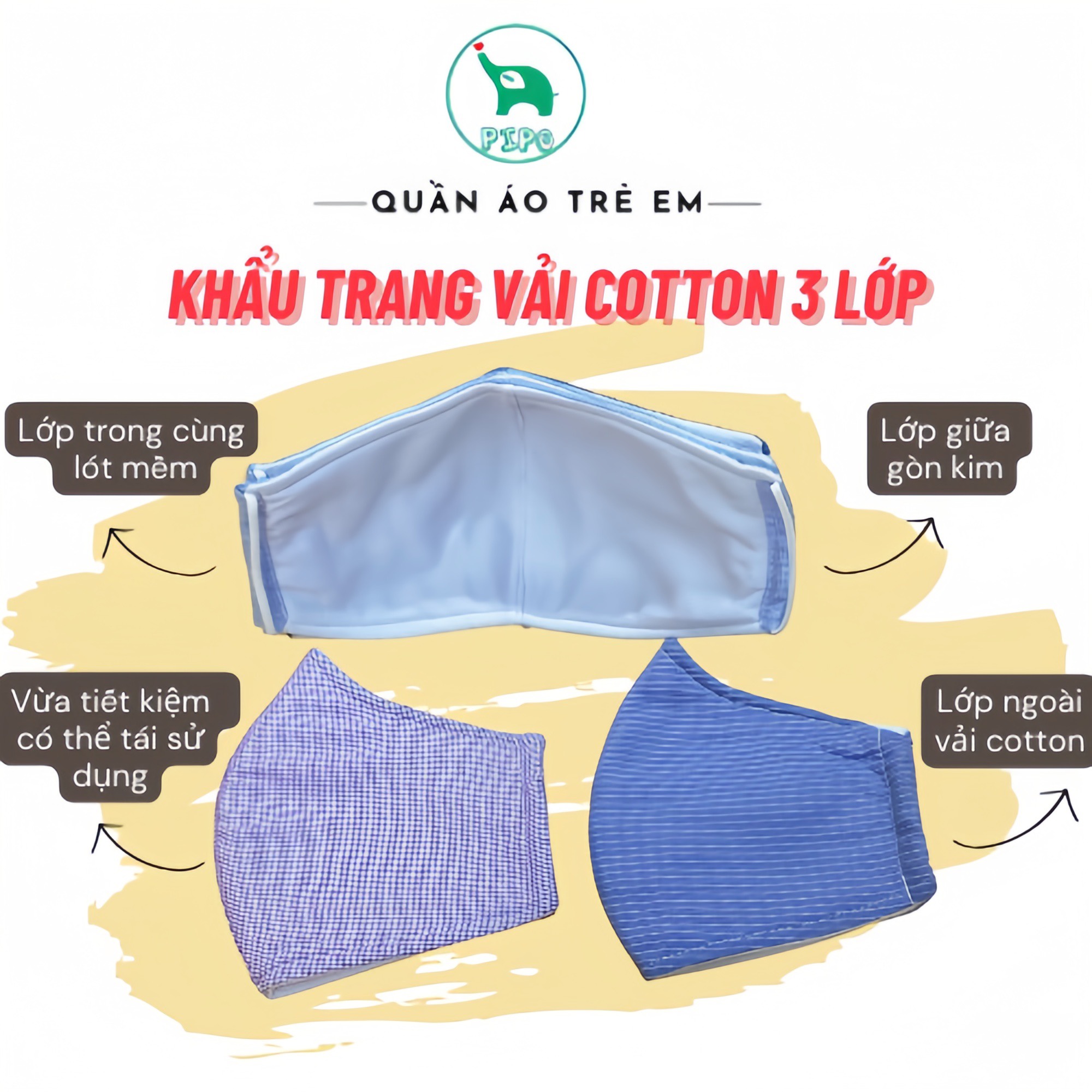 (PiPo) Khẩu Trang Vải Cotton 3 Lớp (Giao Ngẫu Nhiên)