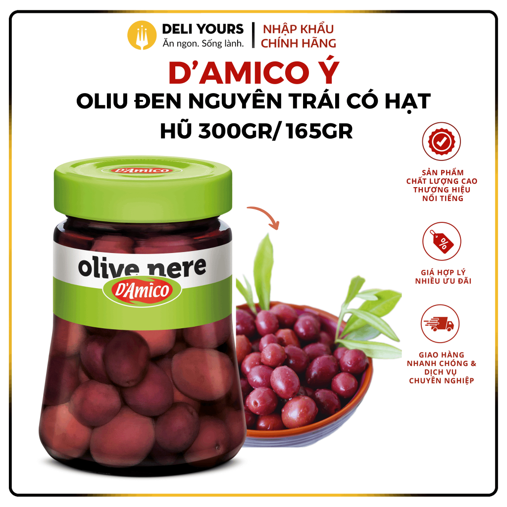 Oliu đen nguyên trái có hạt hũ 300gr/170gr - oliu d'amico chính hãng | deli yours