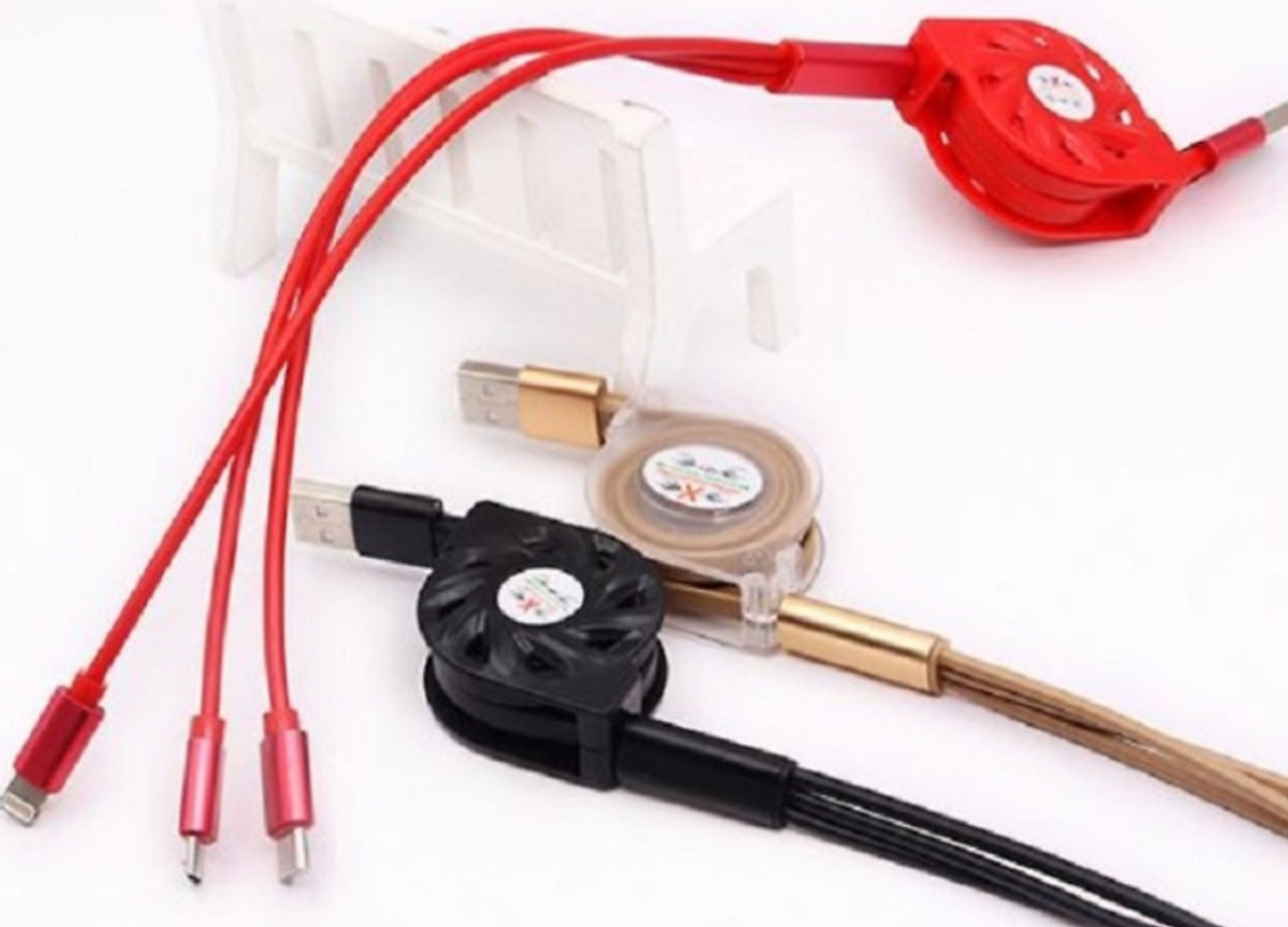 Cáp Sạc Đa Năng 3 Đầu Dây Rút Cổng Micro USB, Type C và Lightning