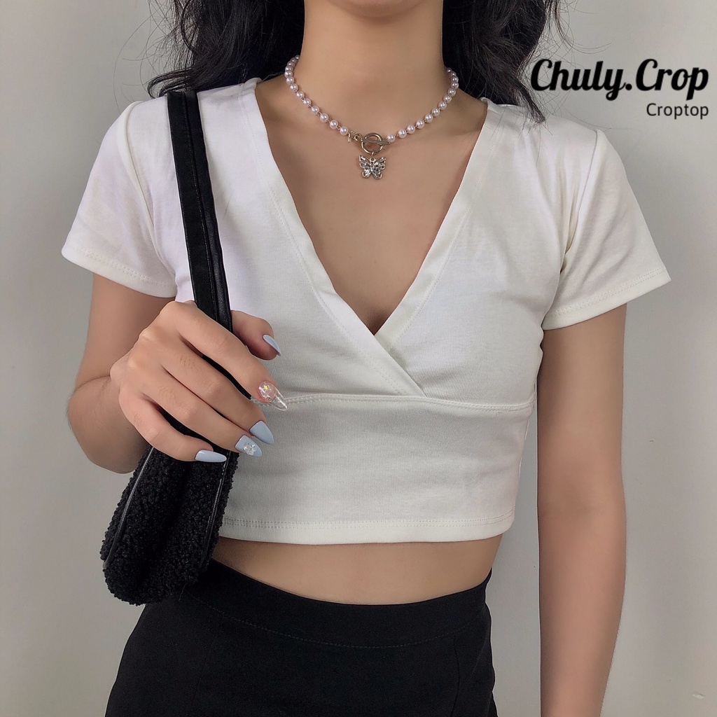 Áo Croptop Cổ V Xẻ Ngực Sexy Basic Đen Và Trắng
