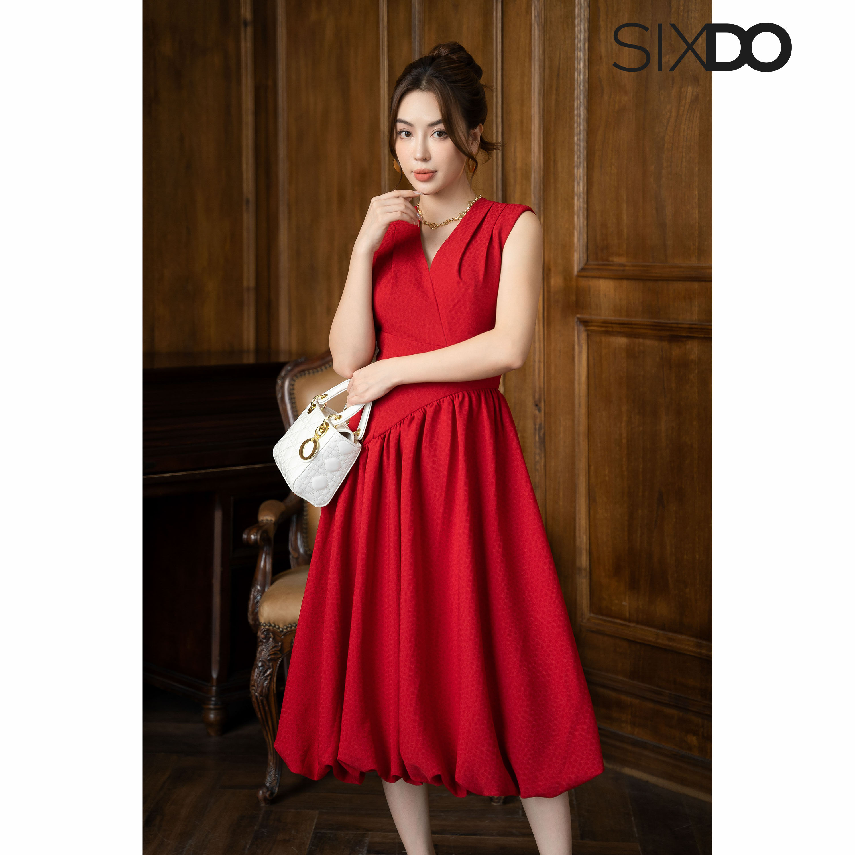 Đầm sát nách cổ V xòe bồng thời trang SIXDO (Dark Red V-neck Midi Woven Dress)