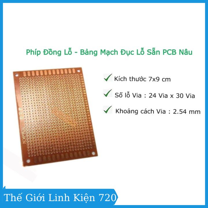 Bảng mạch đục lỗ sẵn pcb nâu kích thước 7x9cm