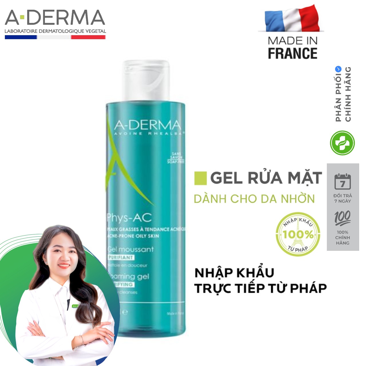 Gel rửa mặt cho da dầu mụn nhạy cảm A-derma Phys-AC Gel Moussant Purifiant Pháp 200ml