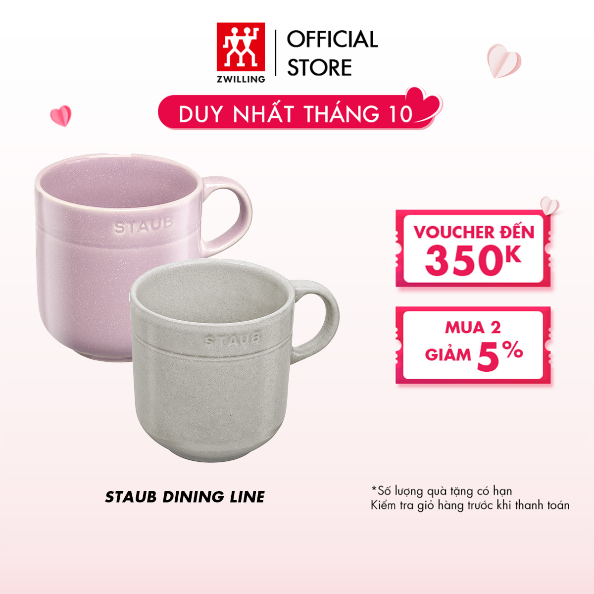 Cốc gốm sứ cao cấp STAUB 350ml (màu truffle trắng/Hoa anh đào)