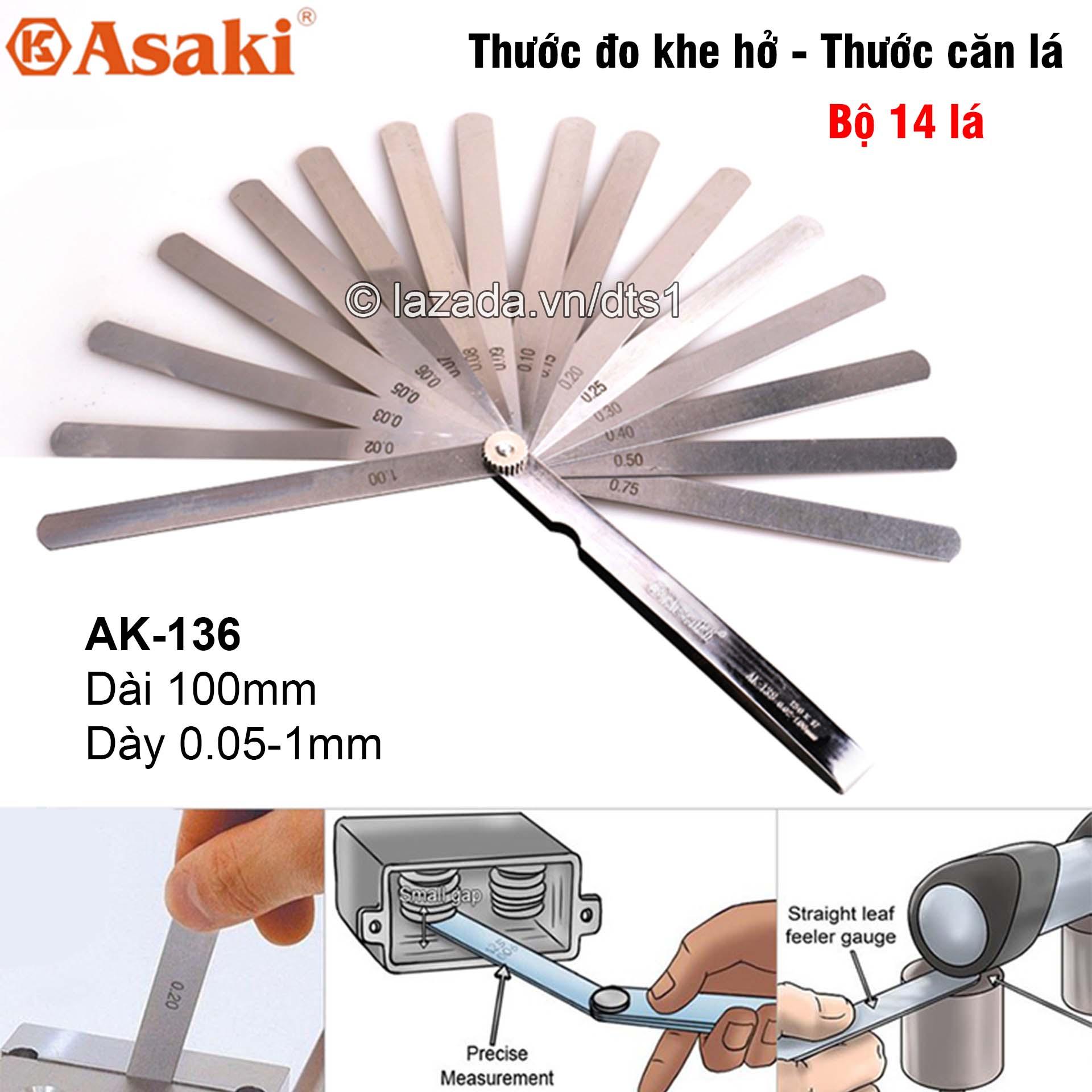 Thước căn lá - Thước đo khe hở 14 lá 0.05-1.00mm Asaki AK-136 100mm