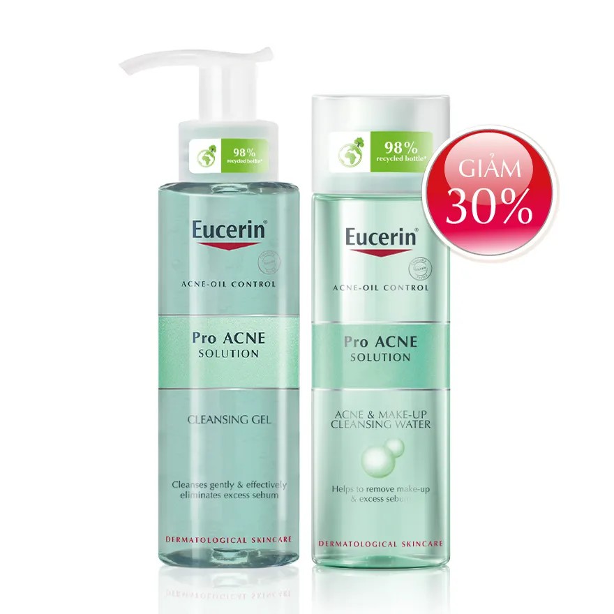 Combo Eucerin Làm Sạch Sâu Cho Da Mụn (Gel Rửa Mặt ProAcne 200ml & Tẩy Trang ProAcne Cleansing Water 200ml)
