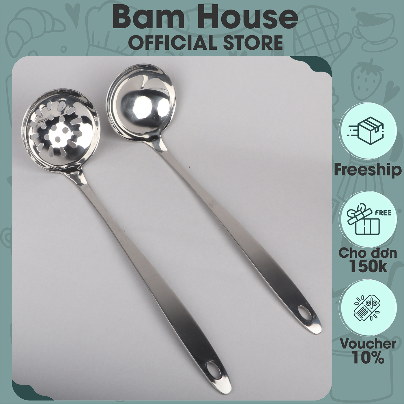 Set Vá đặc Vá lỗ múc canh inox Bam House cán dày Trắng thiết kế sang trọng