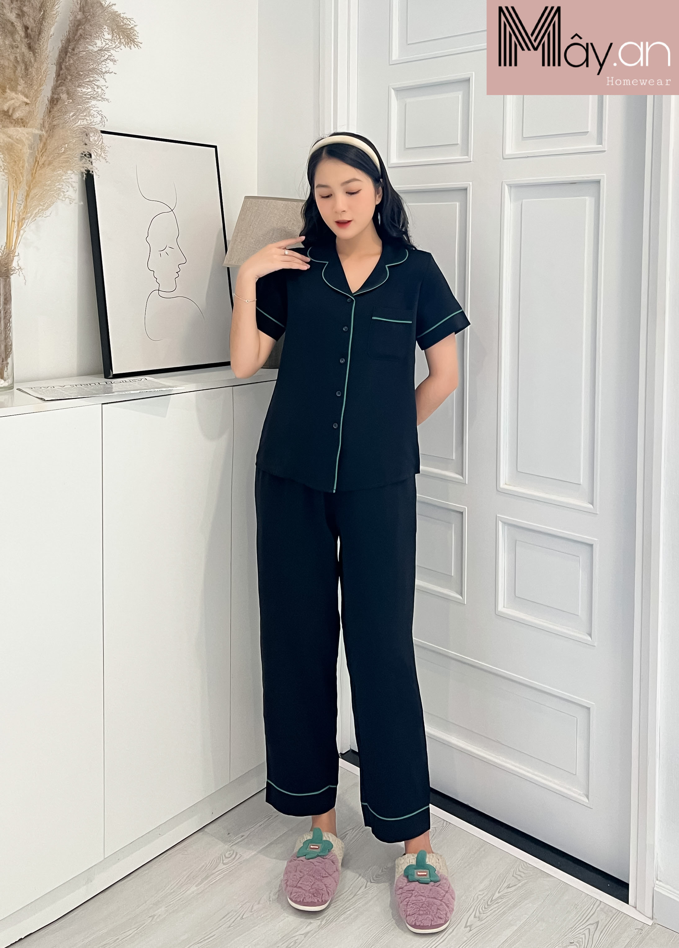 Đồ mặc nhà MÂY pijama lụa mịn Hàn quốc trơn quần dài