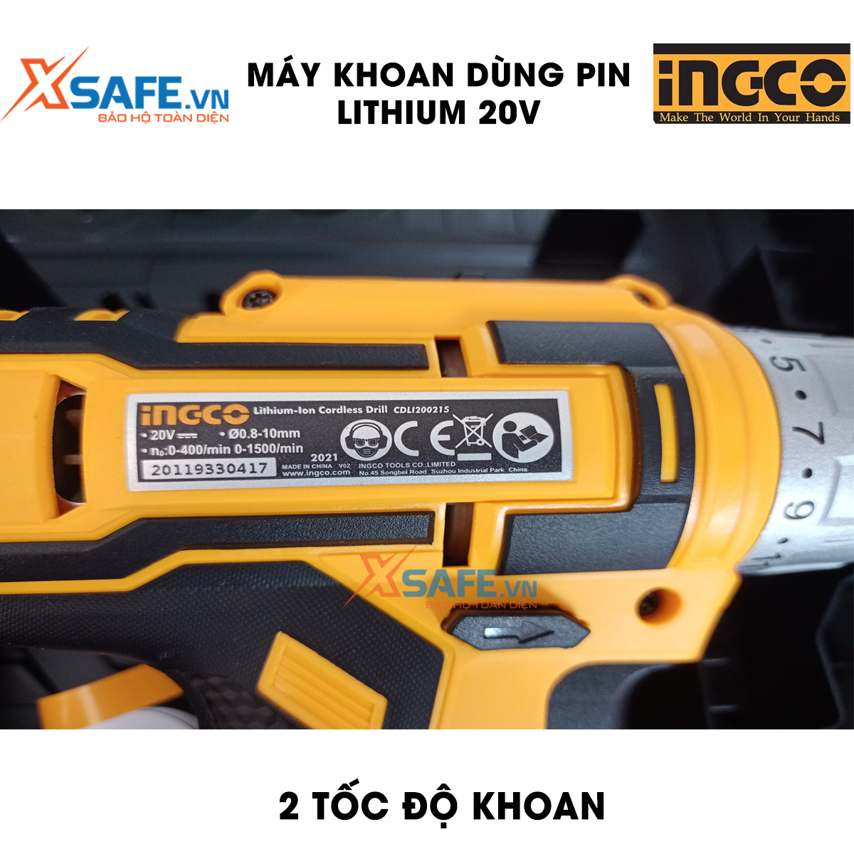 Drill using lithium battery 20V ingco CDLI200215 bundled 2 battery and 1 fast charging in one hour. Electric drill lithium battery 20V two speed 0-400Min and 0-1500/min, WARRANTY 3 month-genuine product by xsafe