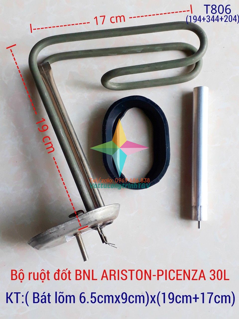 Bộ ruột đốt Bình nóng lạnh ARISTON 30L bát 6,5cm x 19cm+17cm + Zoăng + Thanh magie 3mm