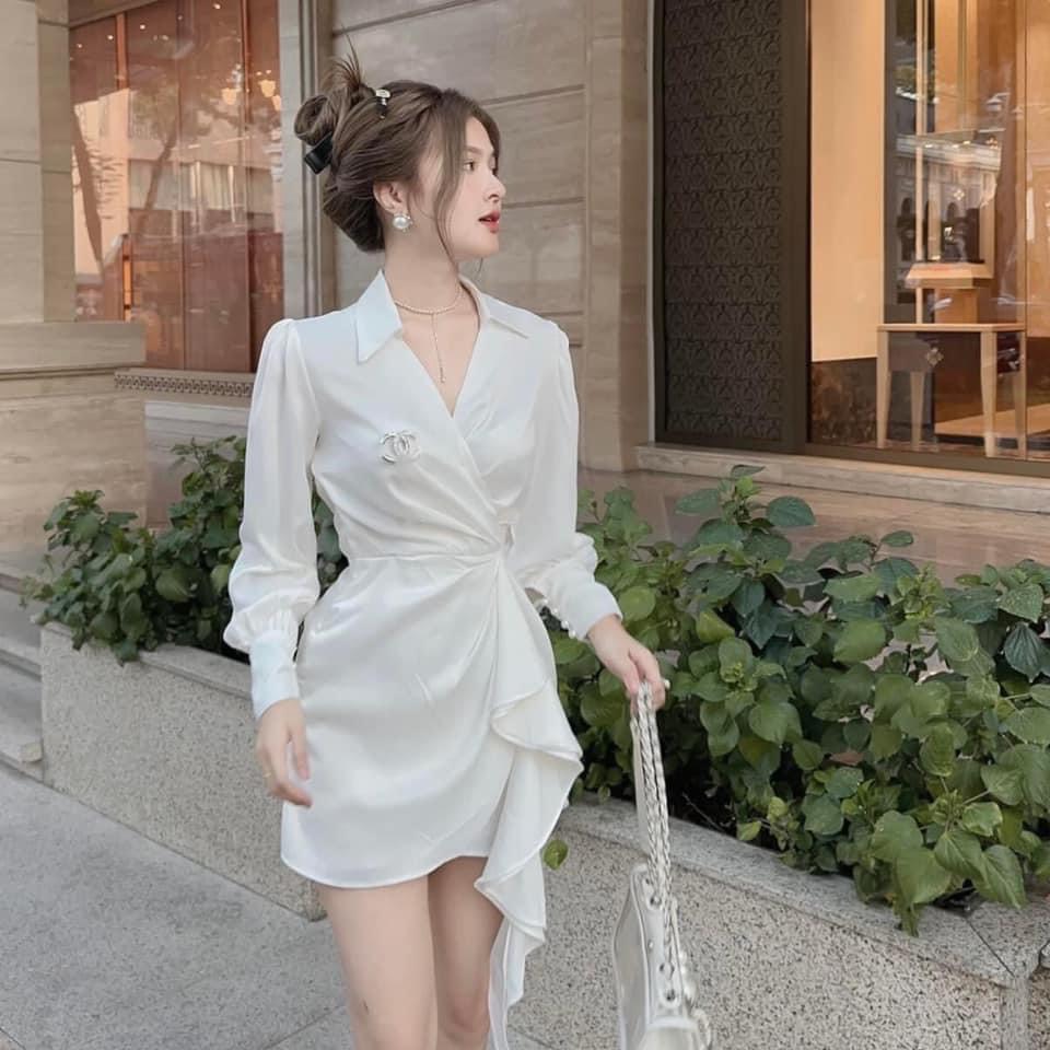 Set đầm sơ mi vải lụa tay phồng sang chảnh, váy ôm body cổ V đắp chéo lệch tà hai màu đen, trắng ôm eo