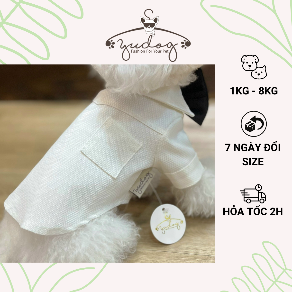 Sơ mi trắng cho chó mèo yudog sơ mi trắng kèm nơ cho thú cưng chó mèo