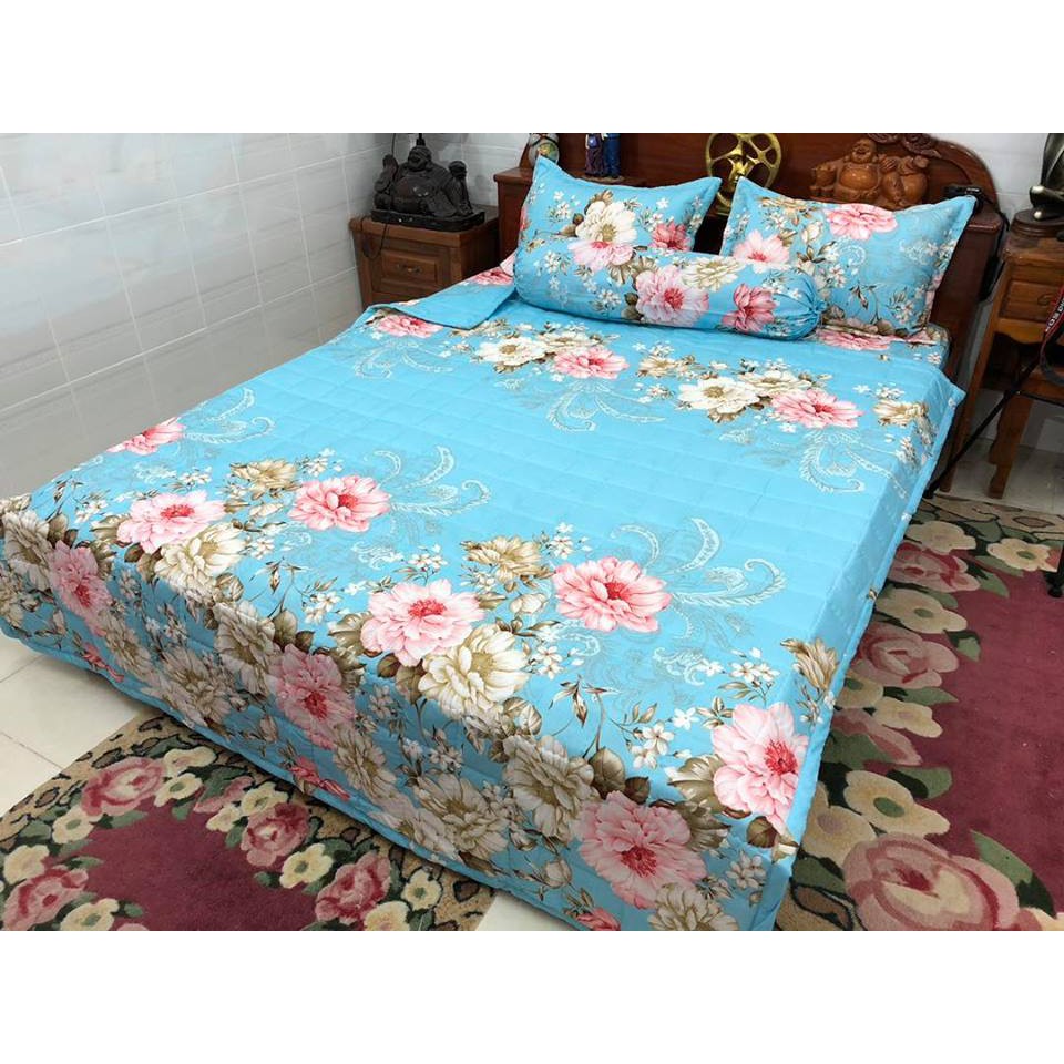 [HCM]Bộ chăn ga 5 món - 4 món cotton poly Hoa Trà Xanh ( 1m6 x 2m ) - ( 1 drap + 1 vỏ gối ôm + 2 vỏ gối nằm + 1 chăn hè )