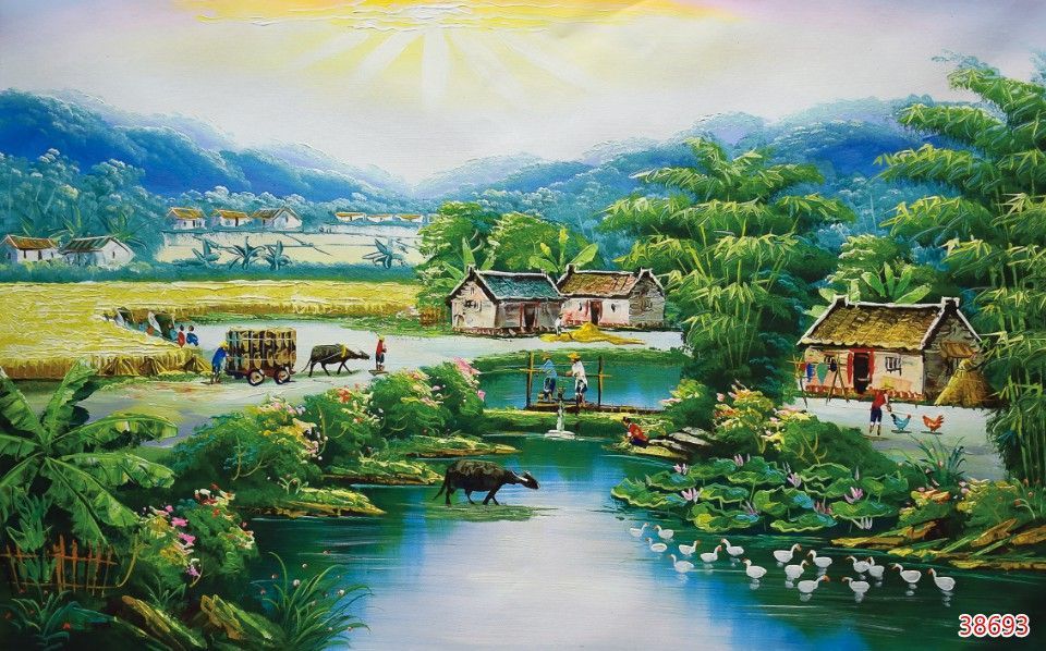 Tranh lụa đồng quê Việt Nam dán tường