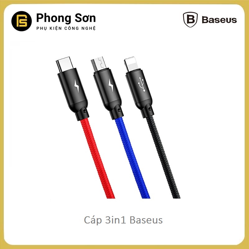 Cáp sạc 3 trong 1 Baseus  (3 cổng sạc Lightning, Micro USB và Type-C). Hỗ trợ sạc nhanh 3.5A