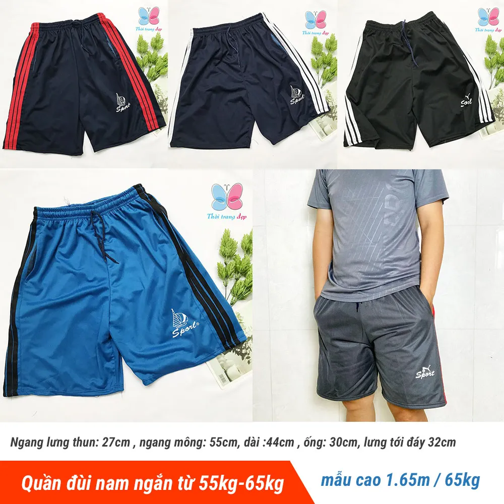 Quần đùi nam ngắn 60kg - 65kg quần short thun nam thể thao mặc nhà phối 3 sọc in LOGO - QN68