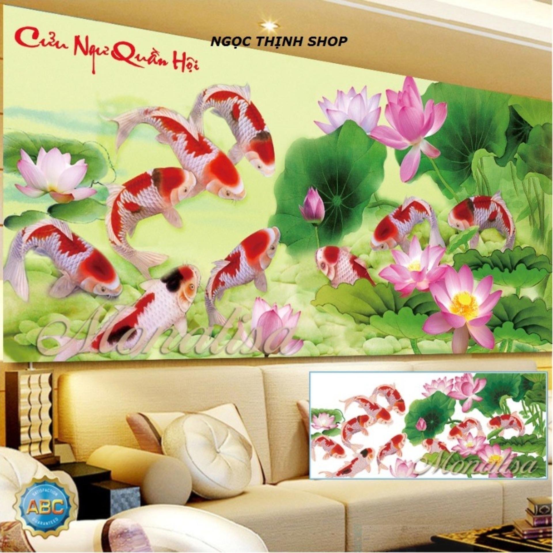 Tranh chấm hạt, đính đá, chấm đá, tranh cườm cao cấp cửu ngư quần hội Y8246 120x60cm