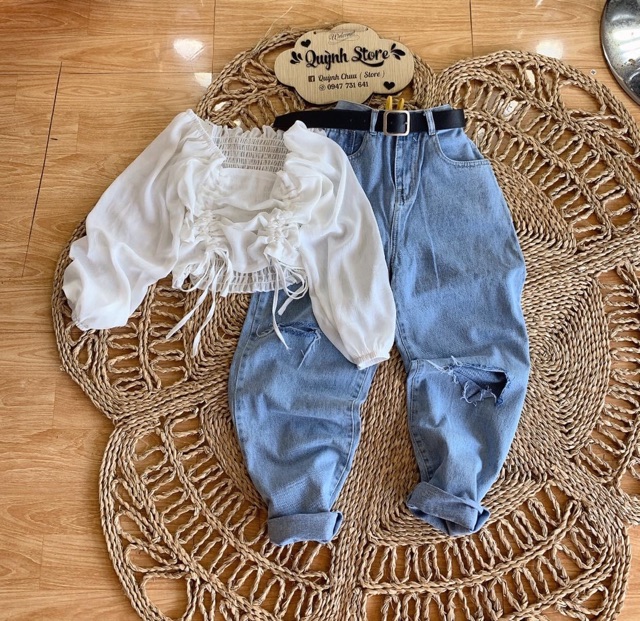 🧩 SET BAGGY JEANS + ÁO KIỂU RÚT DÂY🔥