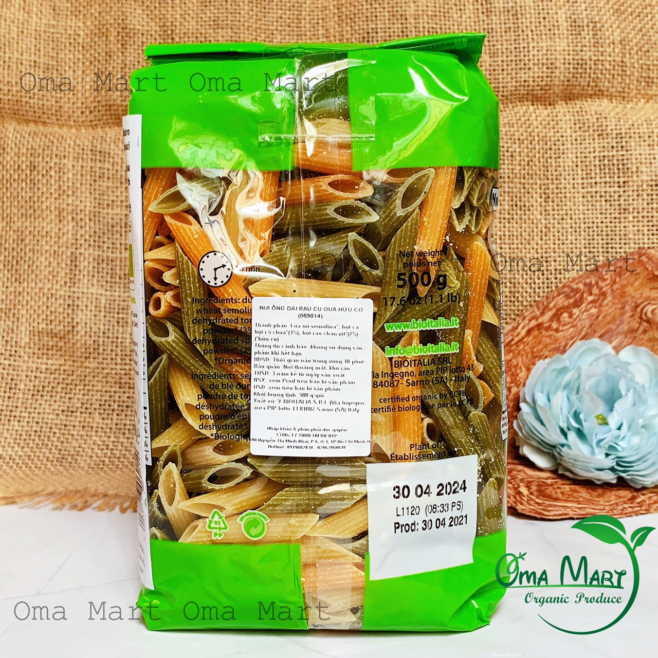 Nui ống rau củ hữu cơ Bioitalia 500g