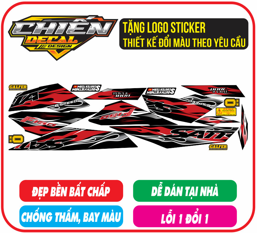 Tem rời xe satria - raider F150 mẫu tem lửa đen đỏ ( tem 3 lớp cao cấp)