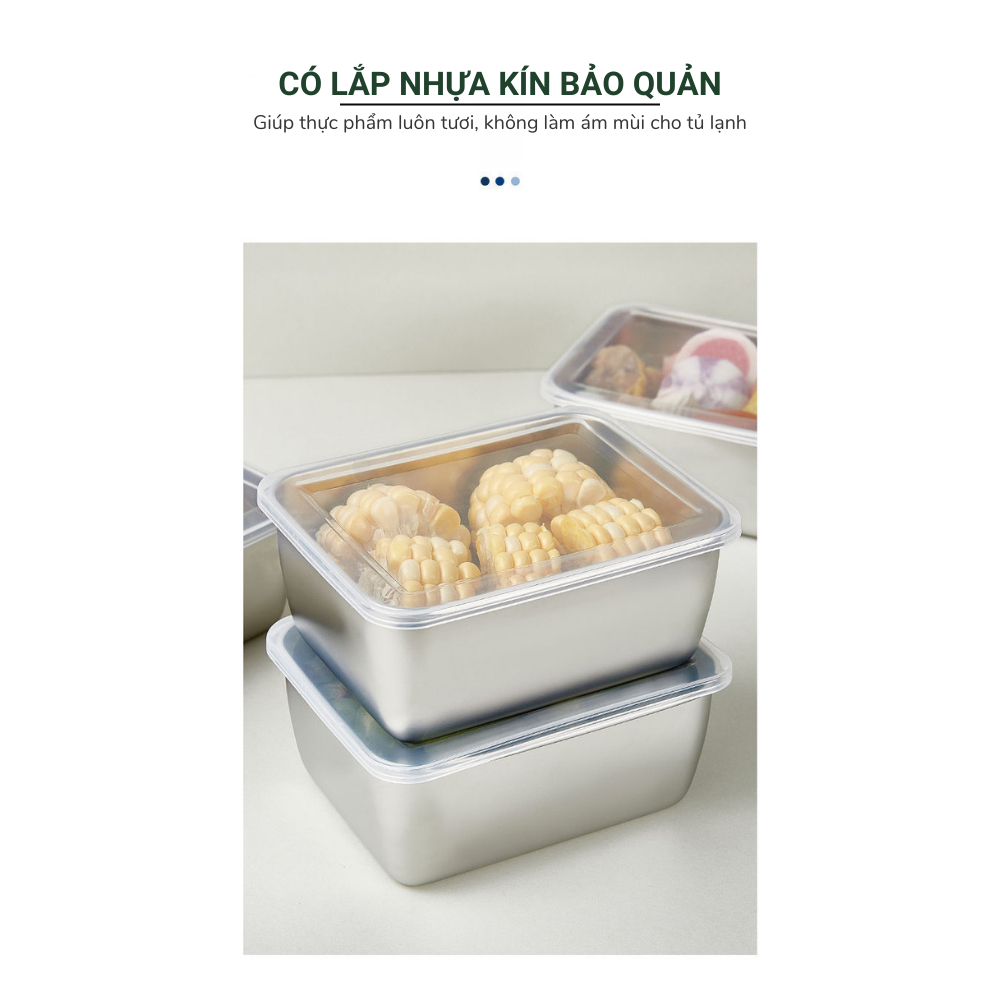 Hộp đựng thực phẩm tủ lạnh, set 5 hộp đựng bảo quản thực phẩm kèm nắp nhựa chất liệu inox 304 dùng được cho lò vi sóng