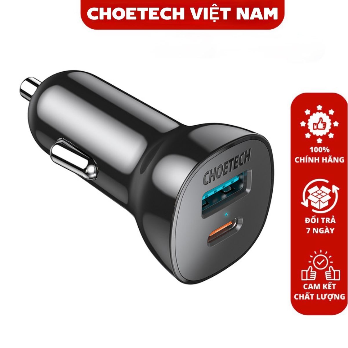 Tẩu sạc nhanh trên ô tô 38w 2 cổng usb a+ type c choetech tc0005